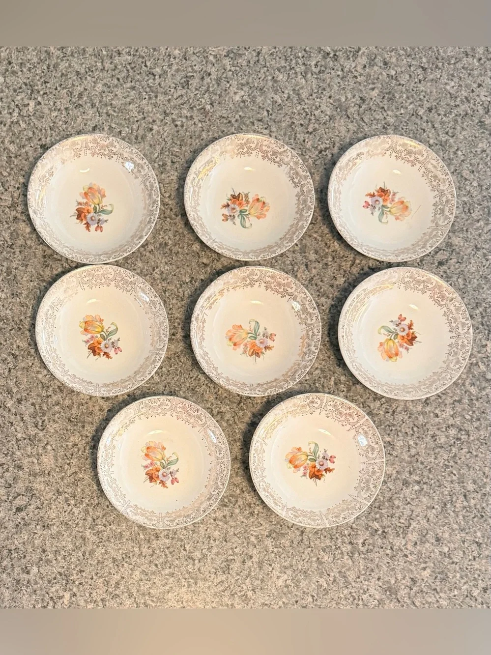 Vintage Royal China Spring Floral Filigree 22kt 5” Dessert Bowls - Set of 8